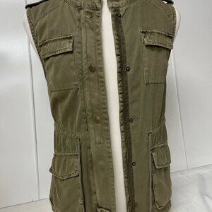 Vest Jacket Per Se Olive Women sz XL Canvas Zip/Snap Drawstring Waist Pockets